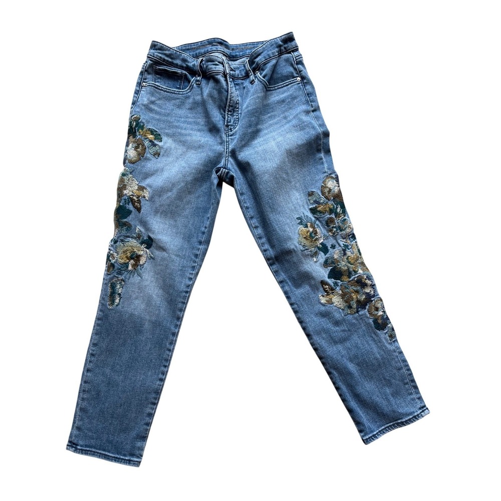 Chicos So Slimming Girlfriend Slim Leg Ankle Jeans Floral Embroidered Blue 0.5 R